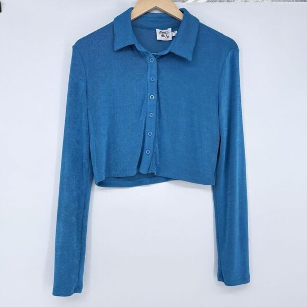 PRINCESS POLLY Blue Long Sleeve Collared Crop Shirt Top Women's Size 12